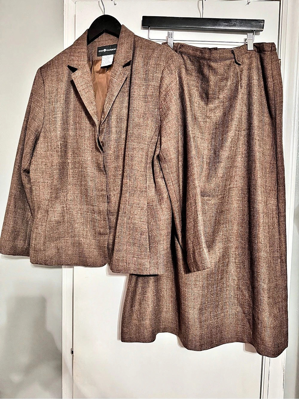 SAG HARBOR Houndstooth Blazer Skirt Set Brown Size 16 Like New